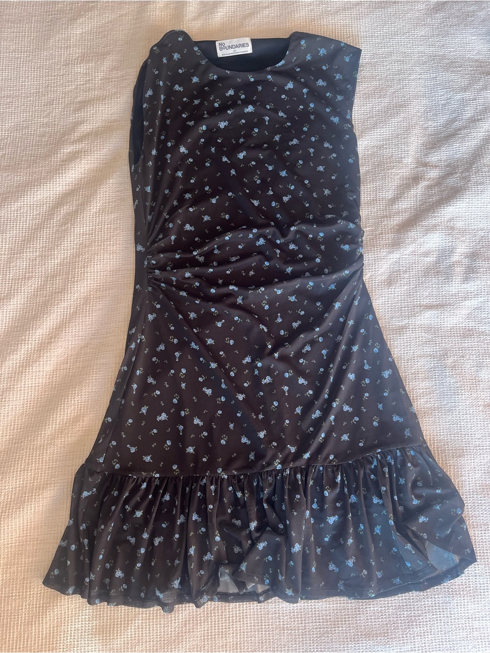 No Boundaries Black Dress with Blue Floral Print and Ruffle